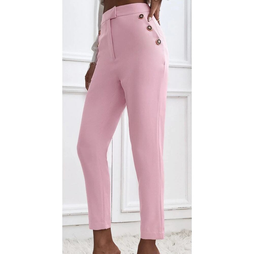 ZARA Pink Straight Leg Dress Trousers with Decorative Gold Buttons Size Medium
